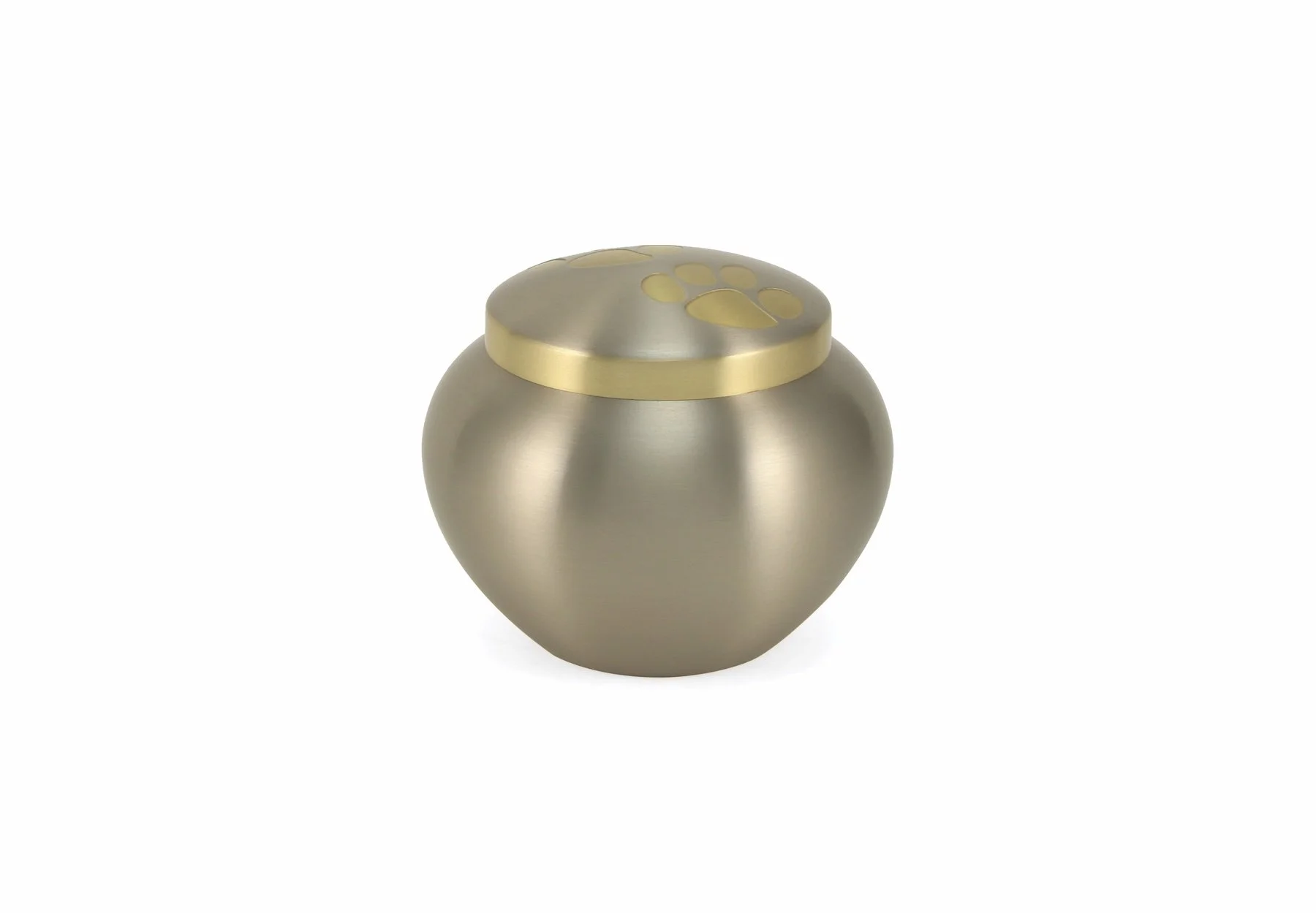 Pewter-finished brass pet urn with engraved paw prints and optional personalization.