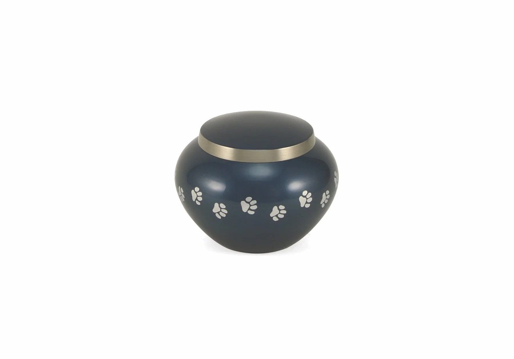 Moonlight-finished brass pet urn with pewter paw prints, available in three sizes with optional engraving.
