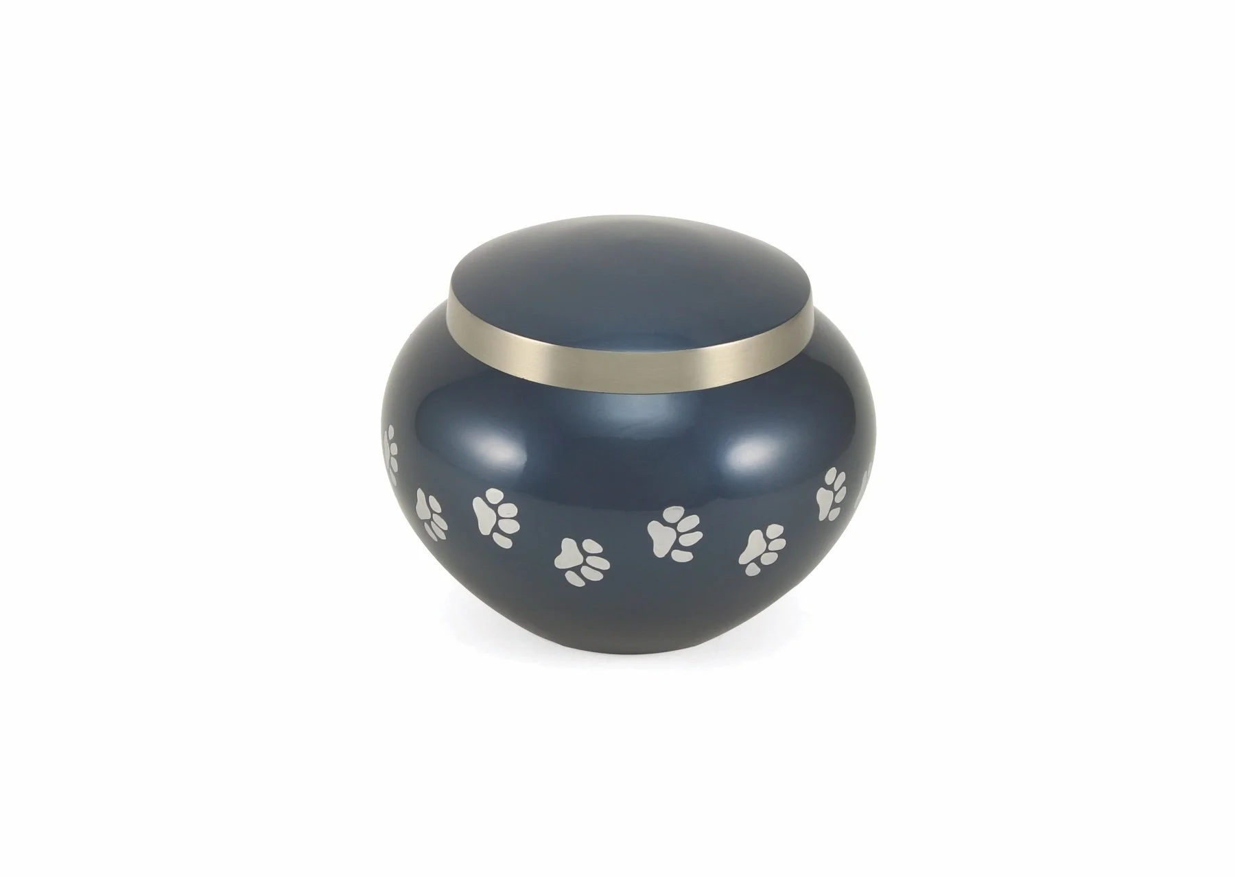 Moonlight-finished brass pet urn with pewter paw prints, available in three sizes with optional engraving.