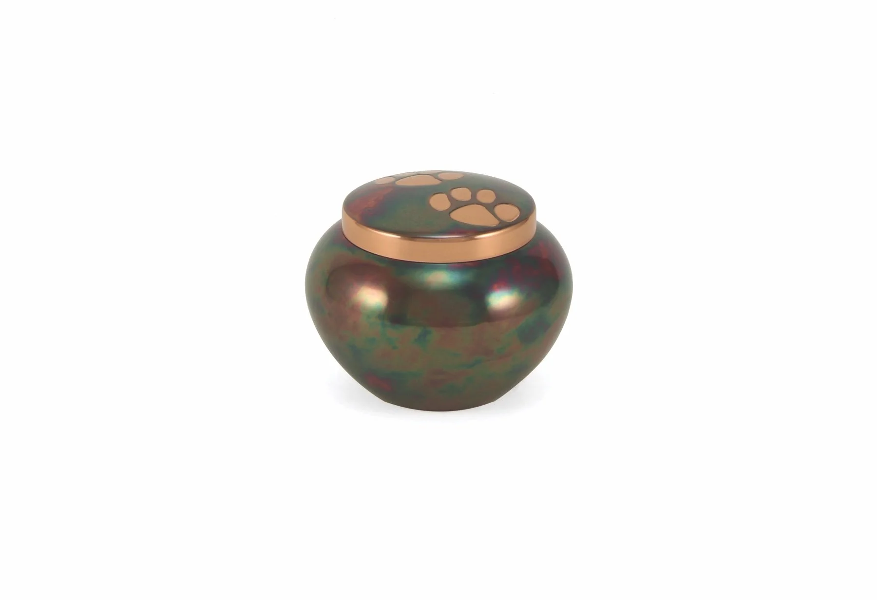 Raku-finished pet urn with iridescent metallic glaze, available in three sizes with optional engraving.