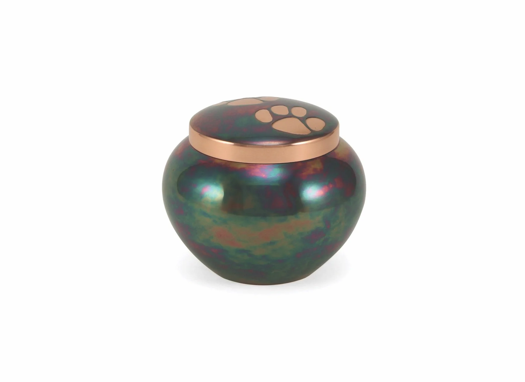 Raku-finished pet urn with iridescent metallic glaze, available in three sizes with optional engraving.