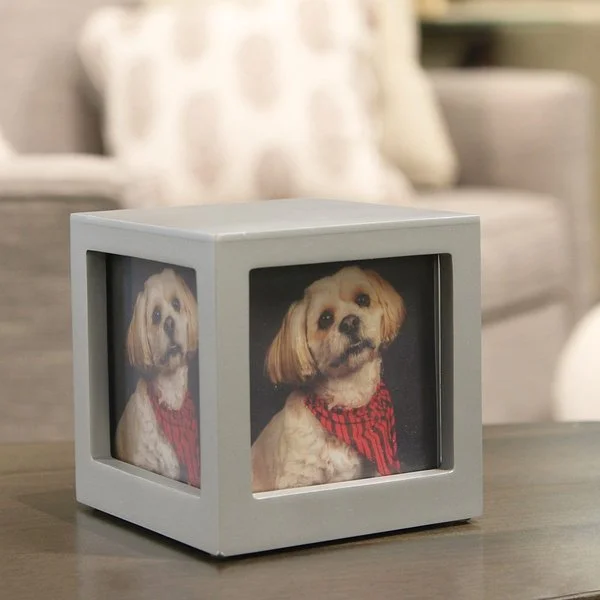 Silver photo cube urn with three photo slots for pets, customizable with engraving, from Faithful Companions