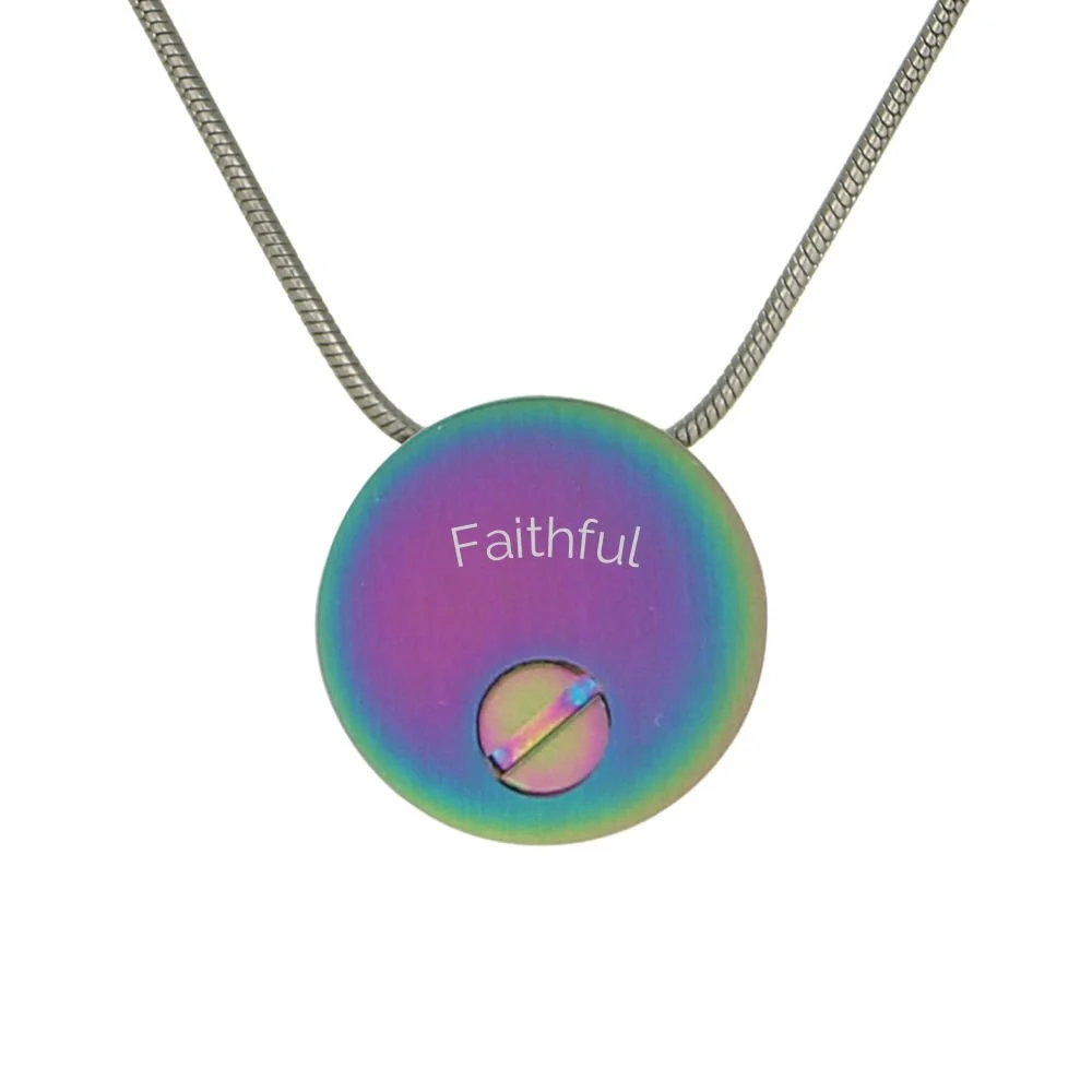 Rainbow round pet memorial pendant with large etched paw print, matching 19-inch chain, and memento compartment.