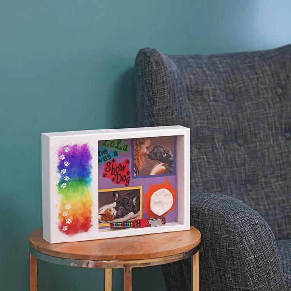 Rainbow path shadow box urn with paw design and memento area for pets.