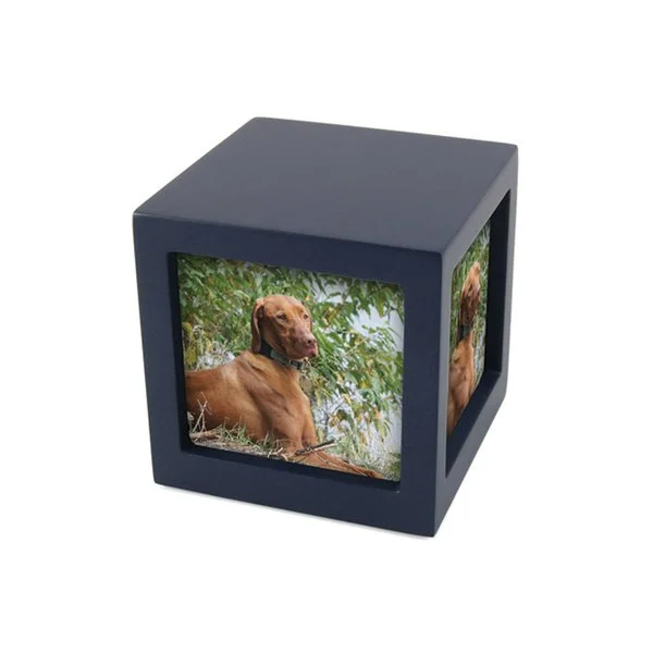 Navy blue photo cube urn with three photo slots for pets, customizable with engraving, from Faithful Companions.