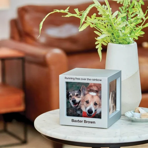 Silver photo cube urn with three photo slots for pets, customizable with engraving, from Faithful Companions.