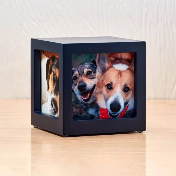 Navy blue photo cube urn with three photo slots for pets, customizable with engraving, from Faithful Companions.