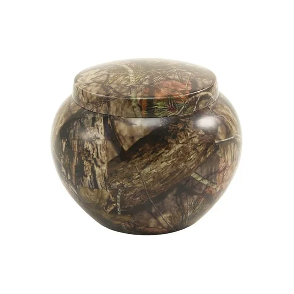 Mossy Oak camo pet urn made from durable aluminum with secure closure, available in three sizes.
