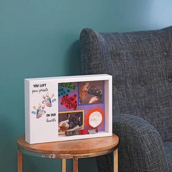 Rainbow paw print shadow box urn with memento area and 'You Left Paw Prints On Our Hearts' inscription