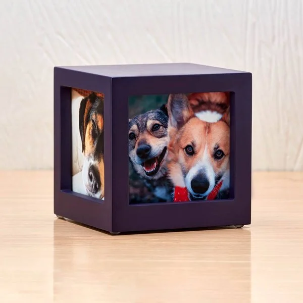 Violet photo cube urn for pets with three photo slots and custom engraving option.