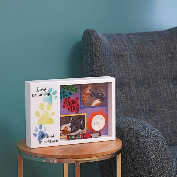 Teal shadow box urn for pets with memento area and 'Loved Beyond Words, Missed Beyond Measure' message.