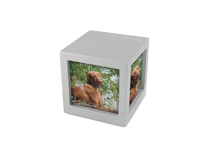 Silver photo cube urn with three photo slots for pets, customizable with engraving, from Faithful Companions