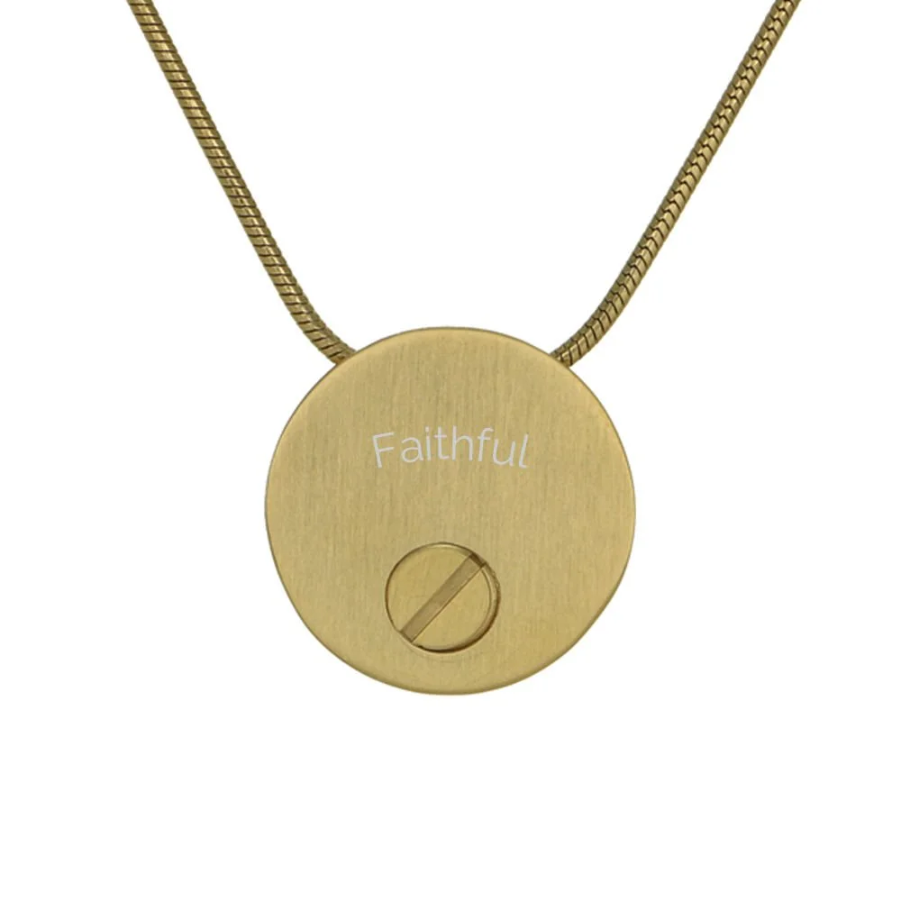 Bronze round pendant with large etched paw print, matching 19-inch chain, and discreet memento compartment.