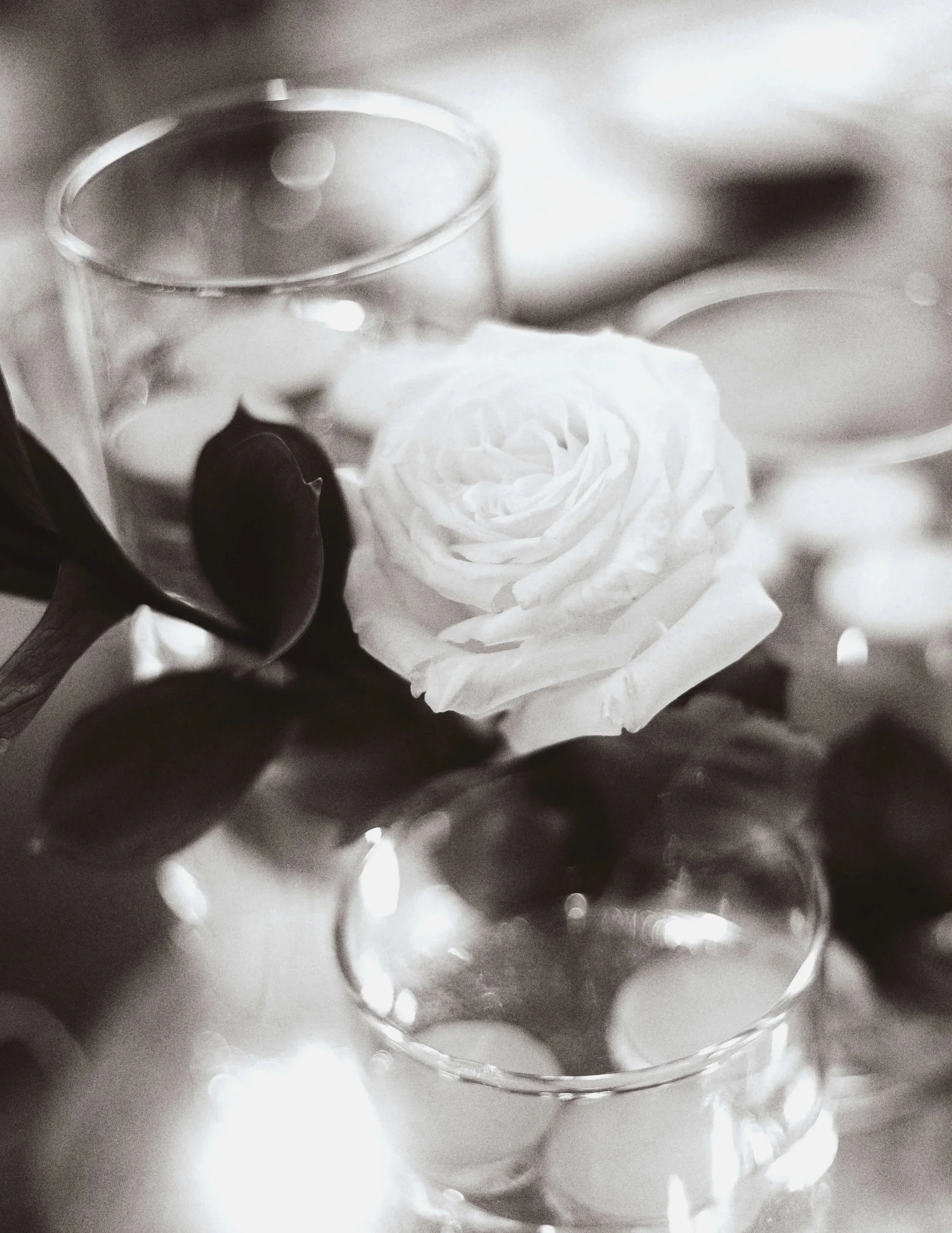 Gros plan rose blanche centre de table mariage, style argentique grain