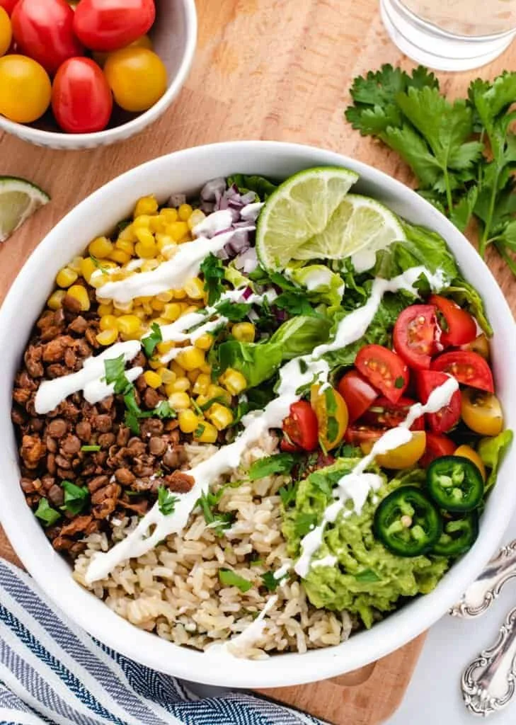 SouthWest Tofu Taco Bowl w/ Brown Rice, Veggies, Corn, Black Beans, and a Cilantro Sauce