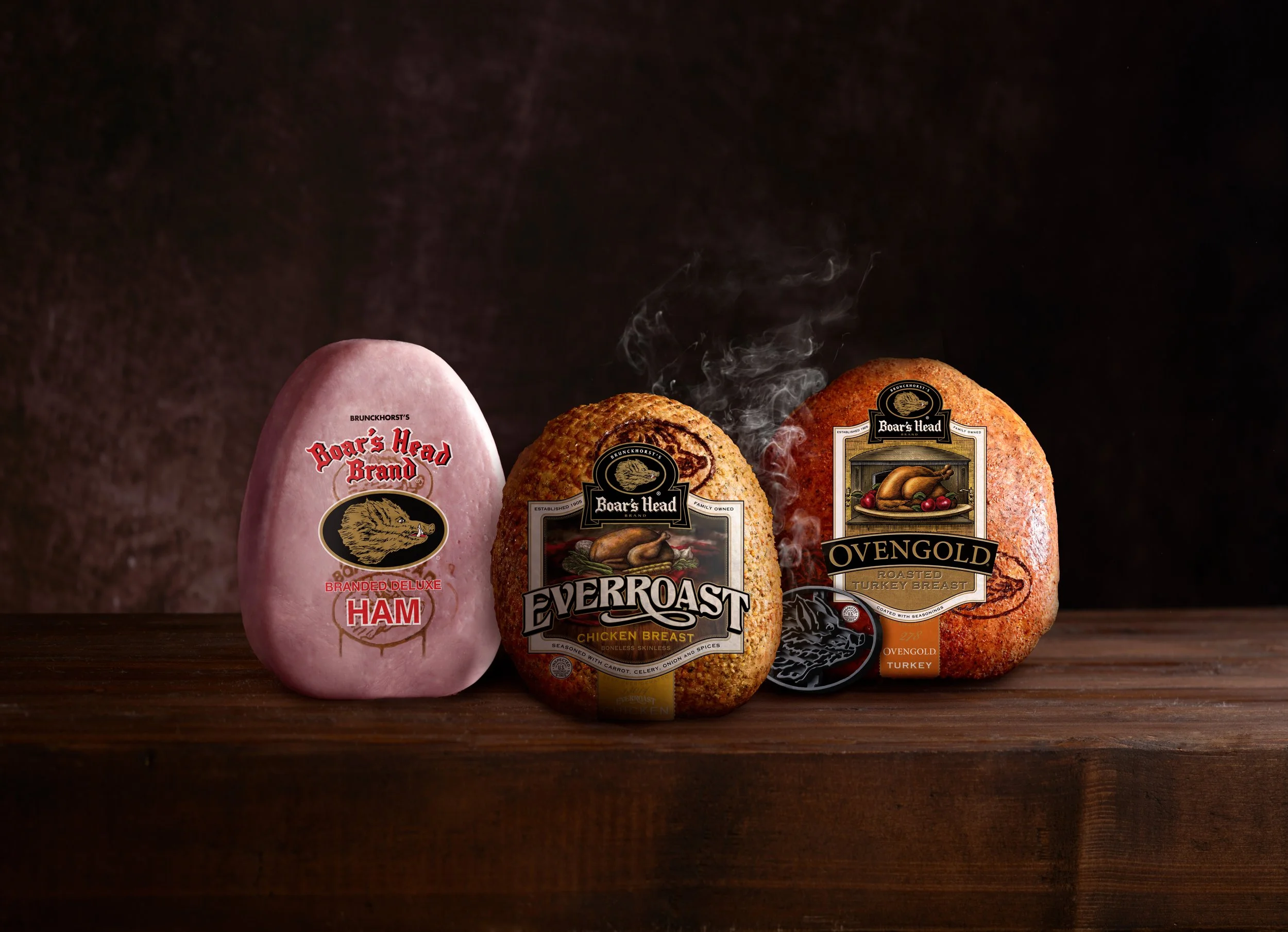Boar's head branded deluxe ham, Everroast chicken breast, and Ovengold roasted turkey breast