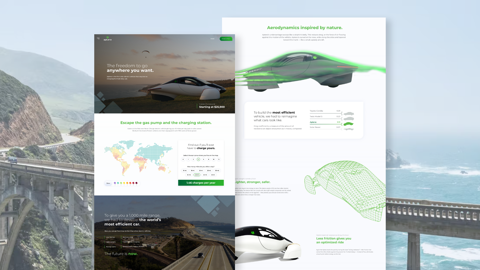 A spread of the Aptera discover page which demonstrates key features and components to warm up users