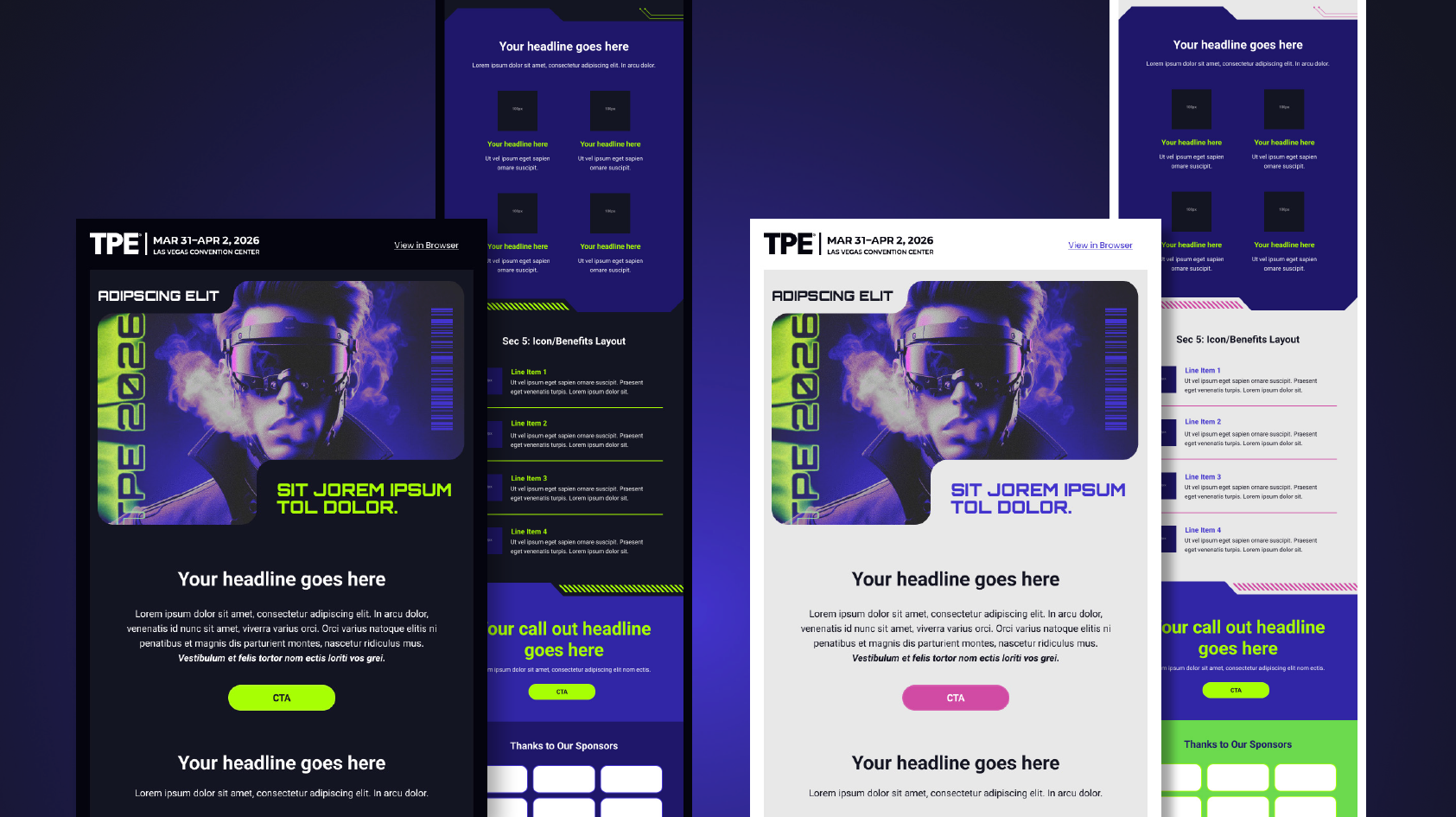 A hero image of the two TPE modular email templates. Featuring a dark mode and a light mode.