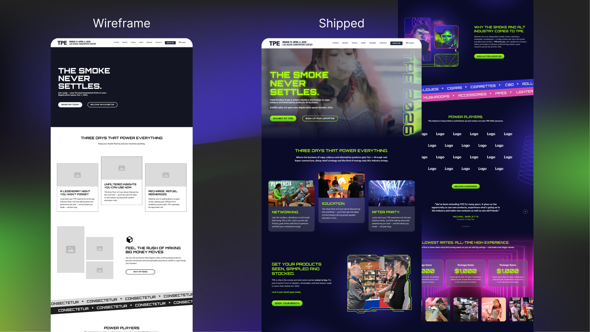 An image demonstrating the homepage wireframe and the final design which was shipped live. This demonstrates the overall process which was applied to the entire website project.