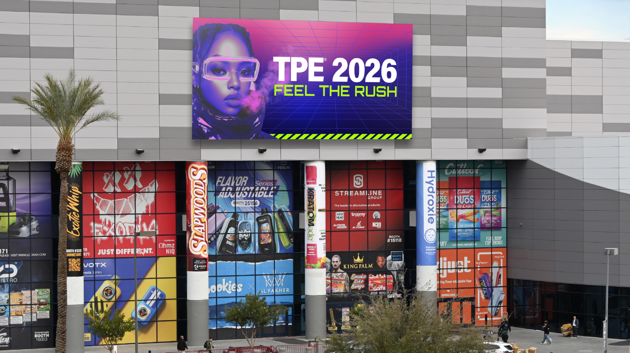 An image of the outside entrance sign of the TPE 2026 show featured high up on a building in a large scale print format