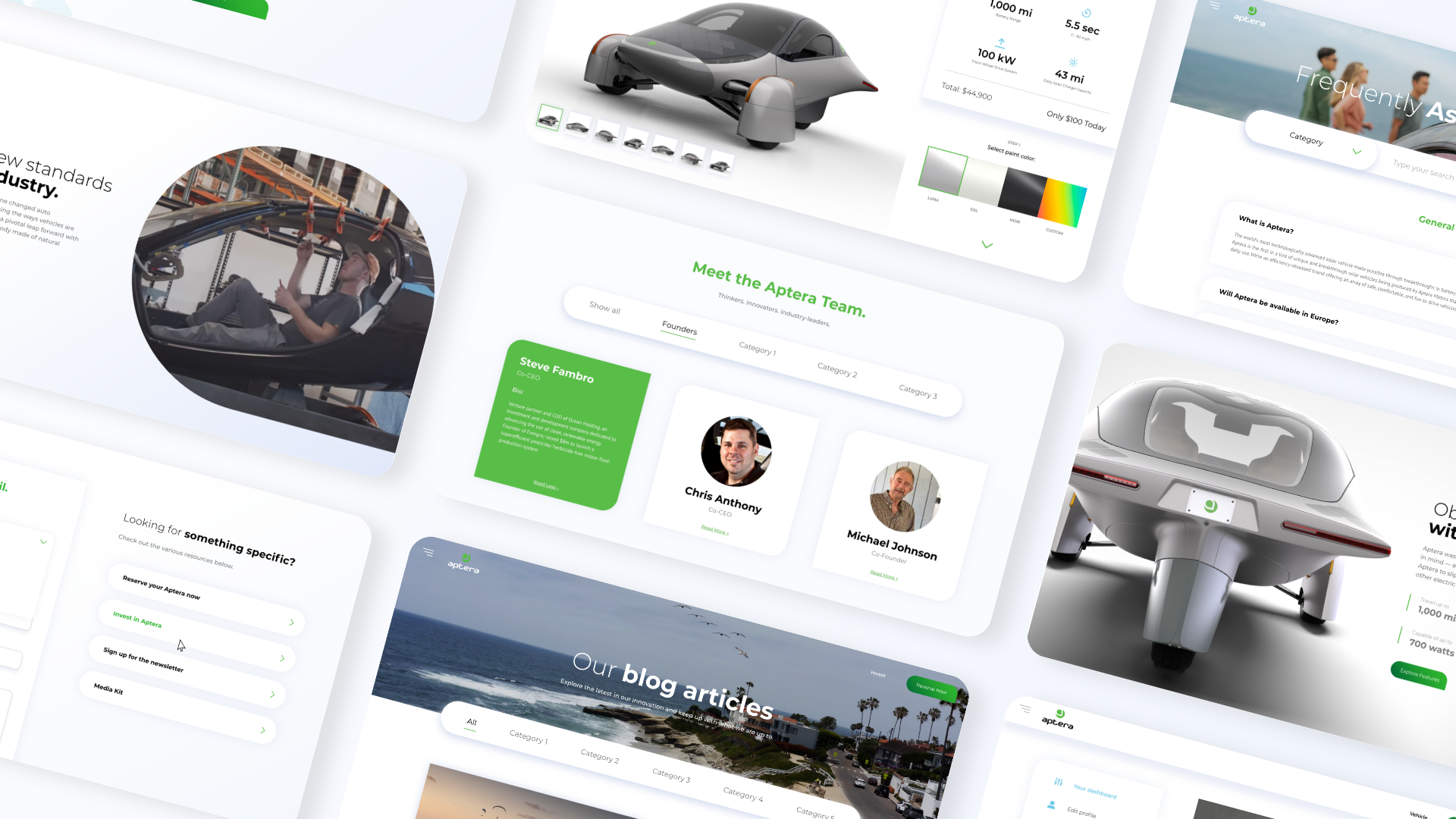 Spread of all the different website componenents and screens for Aptera's website