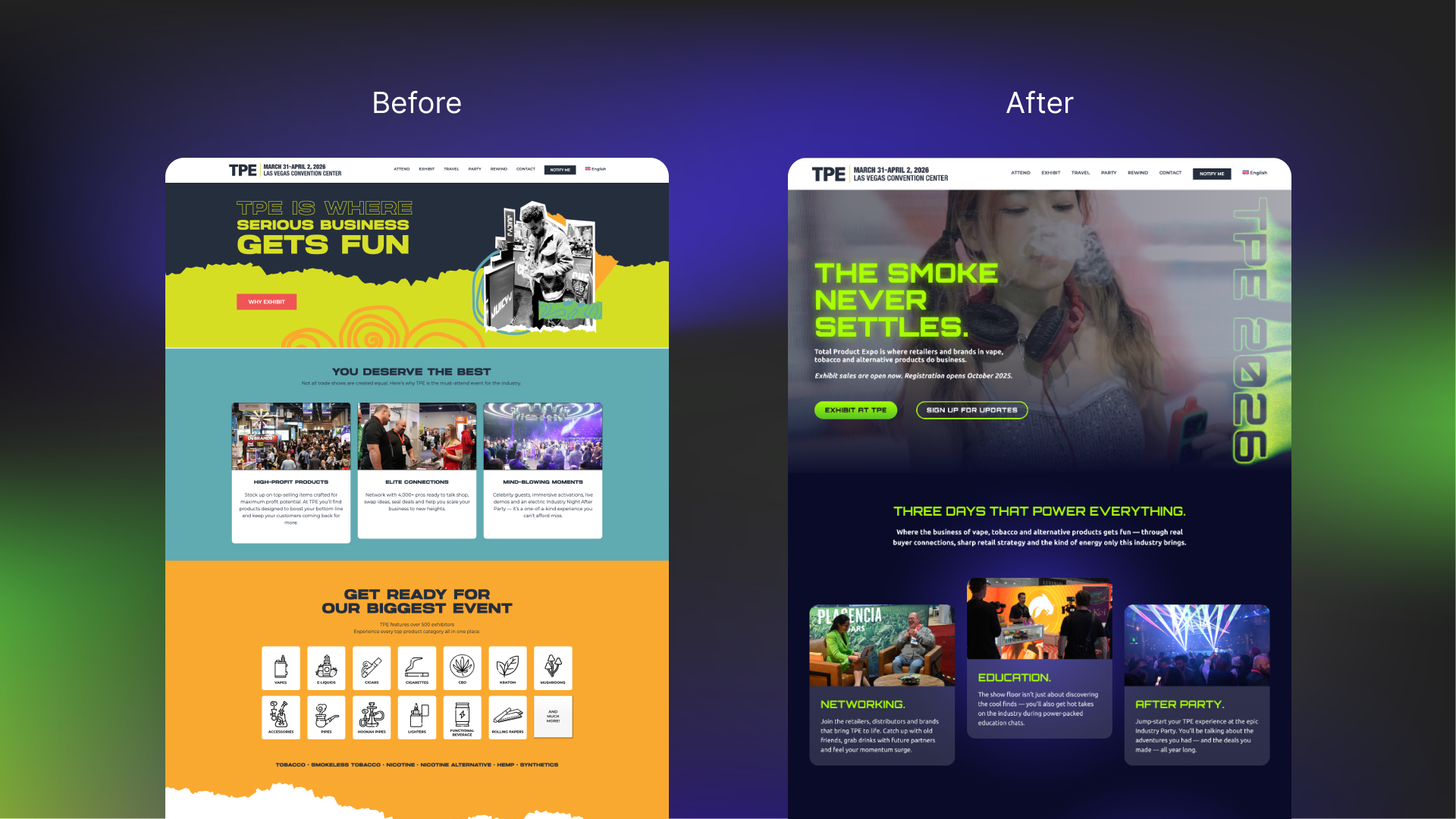 An image of the before and after results of the TPE homepage design