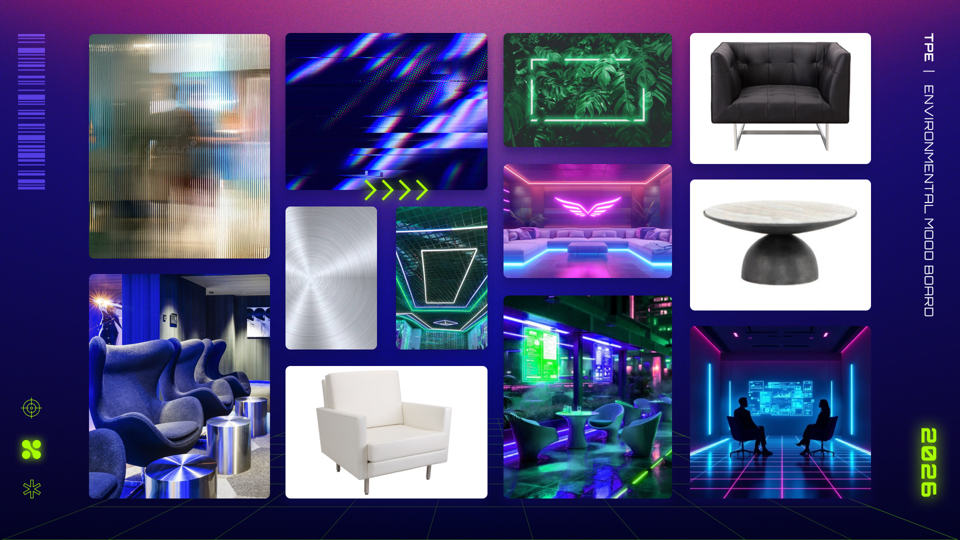 An image of a collage of images demonstrating the moodboard for the environmental elements of the TPE event. With textures, furniture options, lighting, and installation direction.