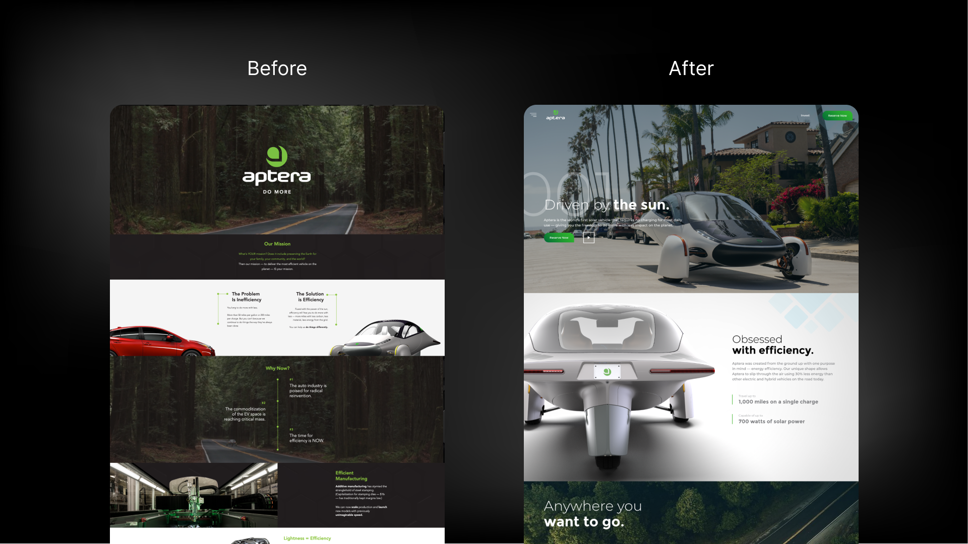 Aptera Motors Homepage Before and After