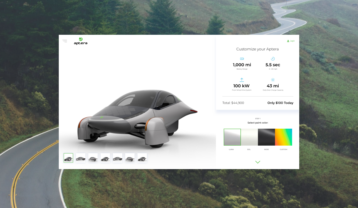 Above the fold of the fully realized build page for aptera's vehicle builder