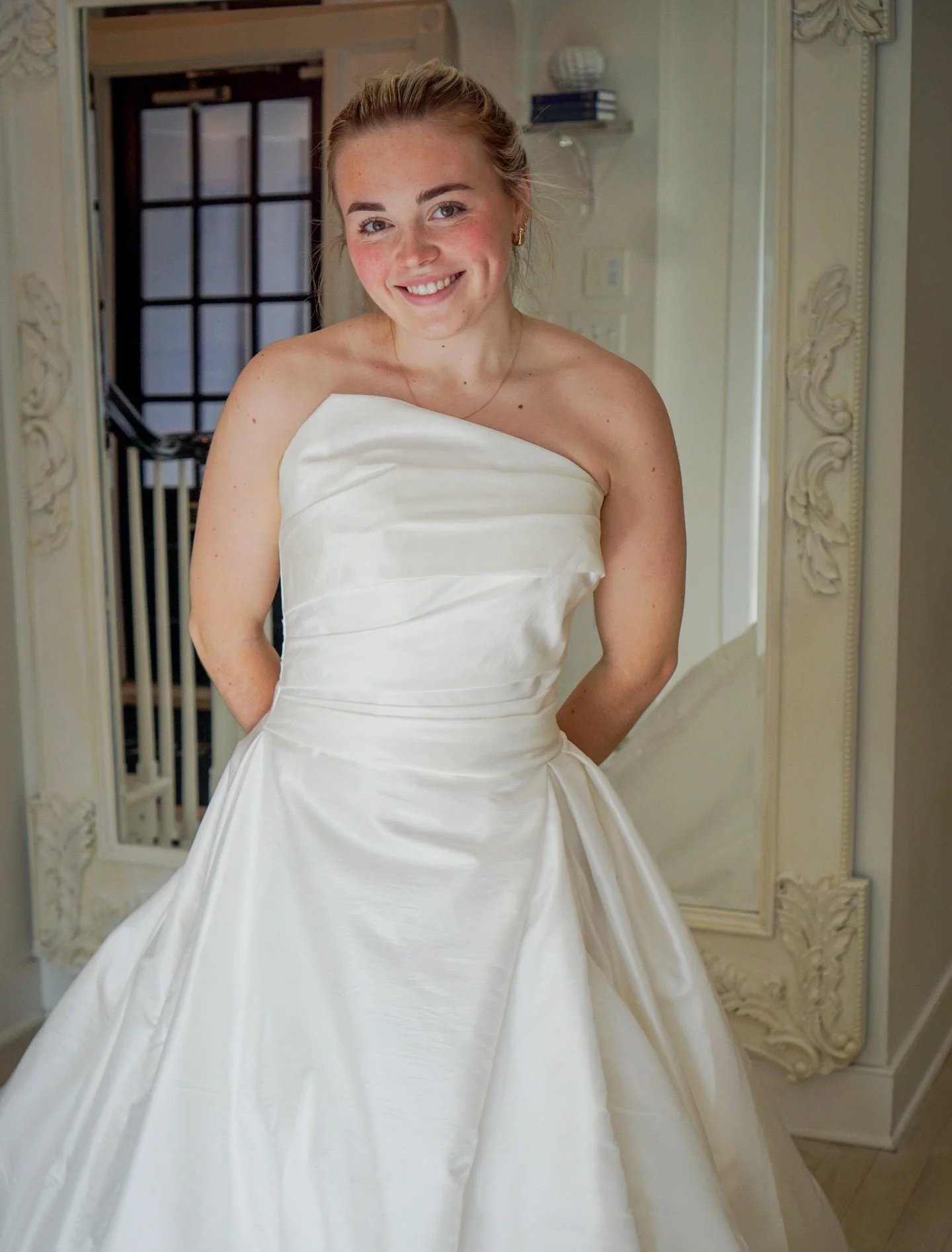 Introducing Piper, from our latest arrival to Gamberdella and current favorite dress!

A high-fashion statement in luminous ivory silk taffeta, Piper features an intricate, sculptural neckline and a sweeping, dramatic train. Timeless yet editorial, s