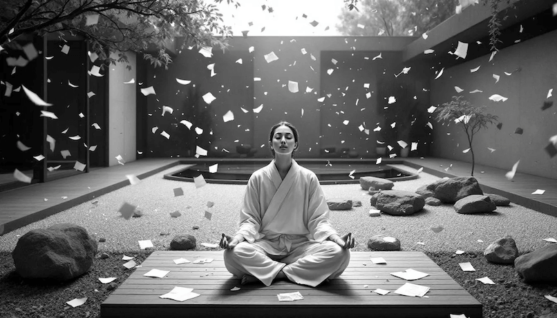 A visual representation of focusing on what you can control, featuring a person meditating amidst chaos.