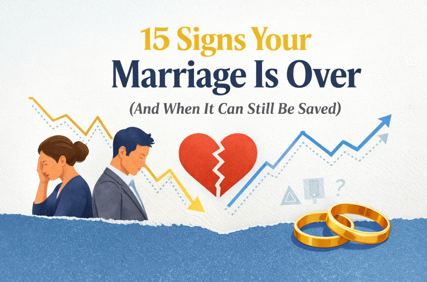 15 Signs Your Marriage Is Over featured image with a modern illustration of a couple standing apart, a broken heart icon, upward and downward trend lines, and wedding rings on a clean blue background.