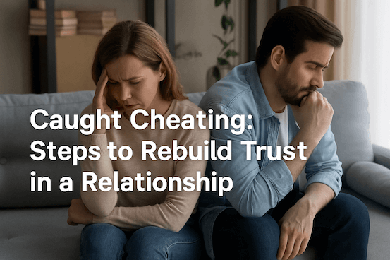 A distressed couple sits on a couch, both looking down and avoiding eye contact. Text overlay reads "Caught Cheating: Steps to Rebuild Trust in a Relationship."