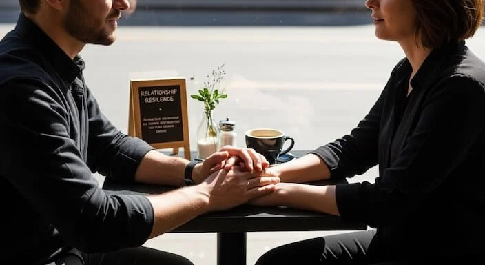 a couple sitting at a table looking at each other holding hands