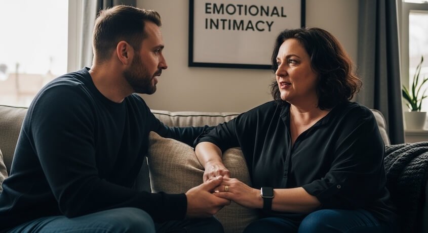 a man and woman sitting on the couch together talking about emotional intimacy