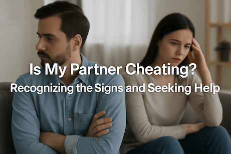 A suspicious-looking woman sits beside a man who is turned away, both appearing tense and emotionally distant. Text overlay reads "Is My Partner Cheating? Recognizing the Signs and Seeking Help."