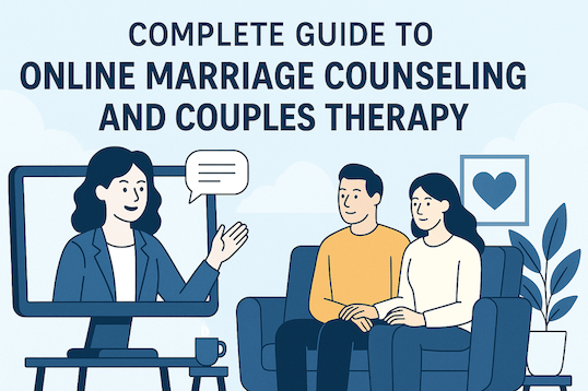 Illustration of a couple sitting on a couch speaking to a female therapist on a screen, with the title “Complete Guide to Online Marriage Counseling and Couples Therapy.