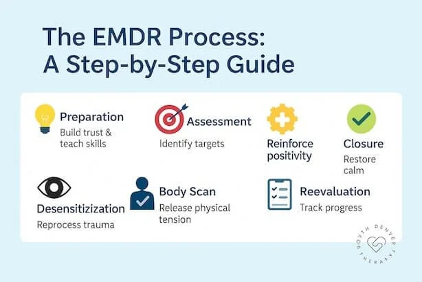 EMDR process infographic showing preparation, assessment, desensitization, body scan, positivity, closure, and reevaluation