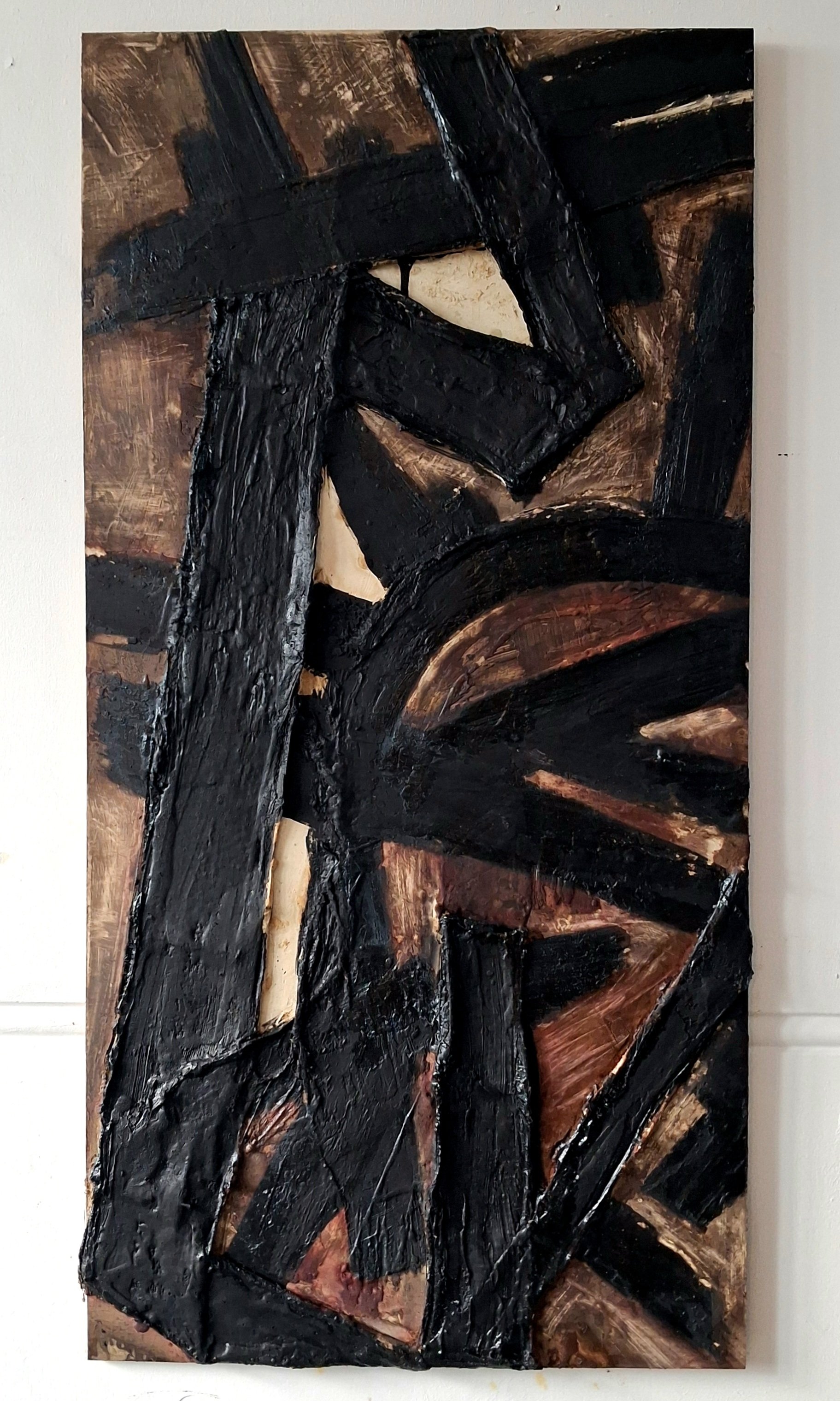An abstract painting with black, brown, and beige colors, featuring bold textured brushstrokes and geometric shapes.