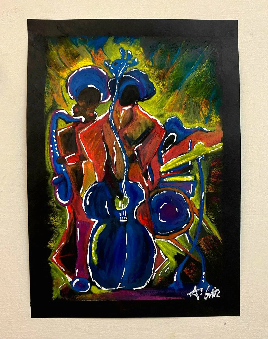 Abstract painting of three musicians playing drums, with vibrant colors and bold lines, signed by the artist.