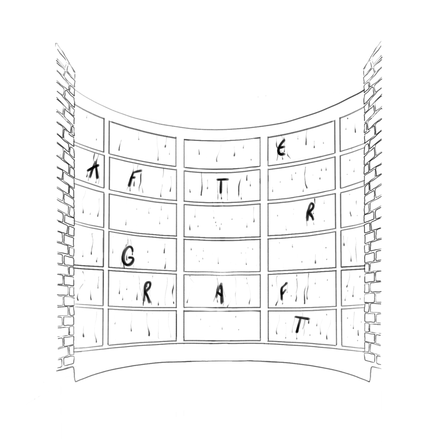 Illustration of a Studio Bay Window with the letters of the word "AfterGraft" Displaced on Individual Window Panes.