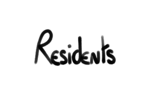 Text that reads 'Residents' in black cursive font on a white background.