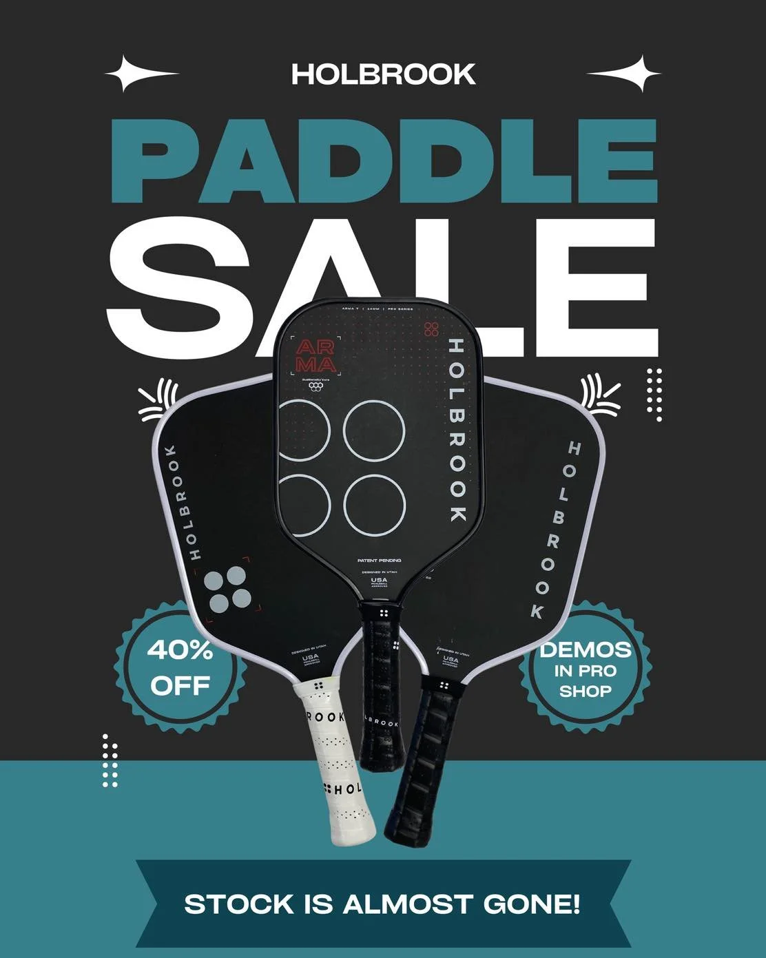 Only a few paddles left! Come to All In Pickleball Gym Byron to get a 40% off Holbrook paddle before they&rsquo;re gone!

Remaining stock:
2x ARMA T - 14mm
1x Power Pro - 16mm
3x Mav Pro 2.0 - 16mm