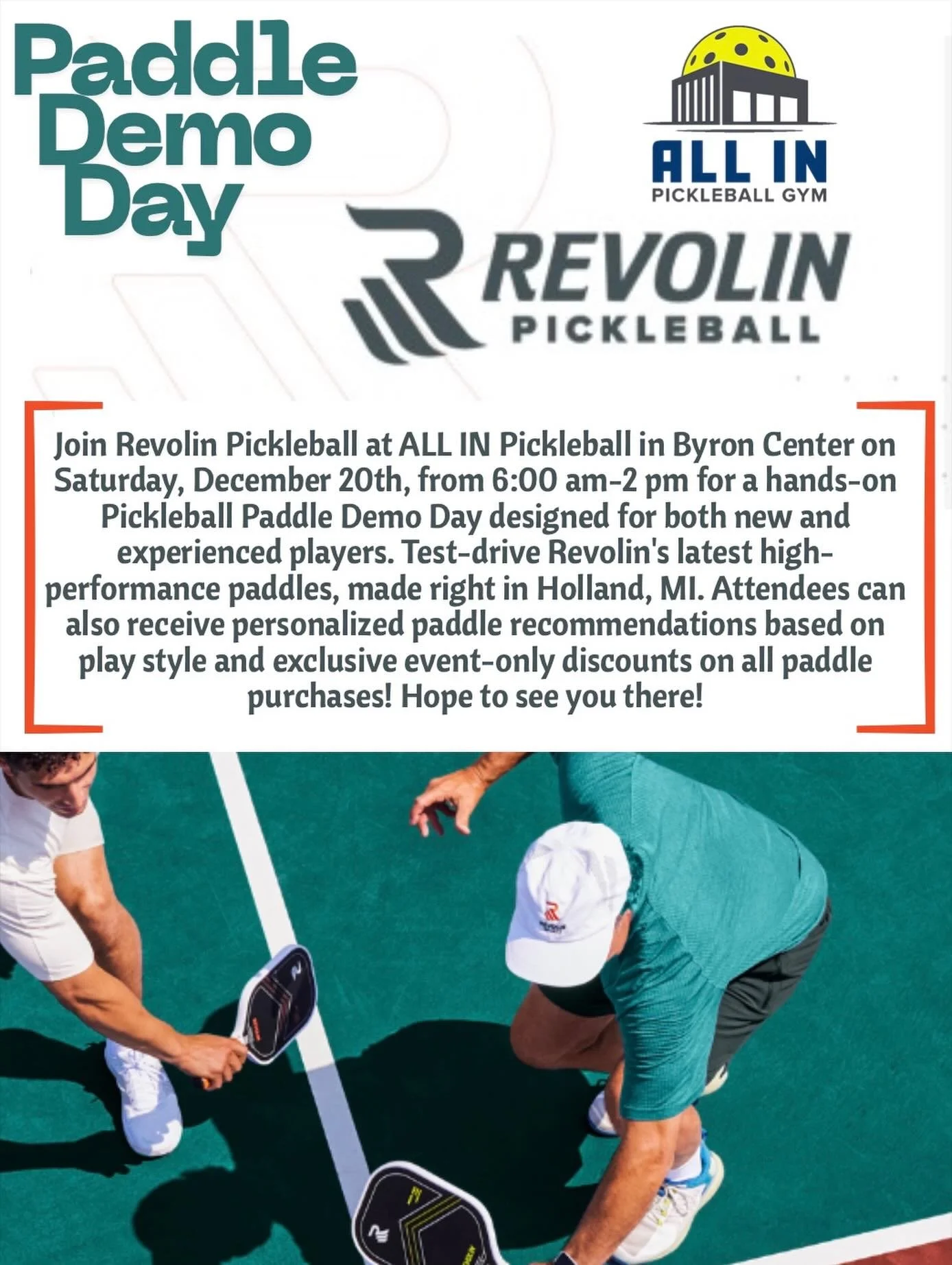 Come join us this Saturday at All In Pickleball Gym Byron Center from 6am - 2pm for a Paddle Demo Day brought to you by Revolin Sports! You can come try out Revolin&rsquo;s paddles on Trainer Court 1 without a reservation or while you enjoy open play