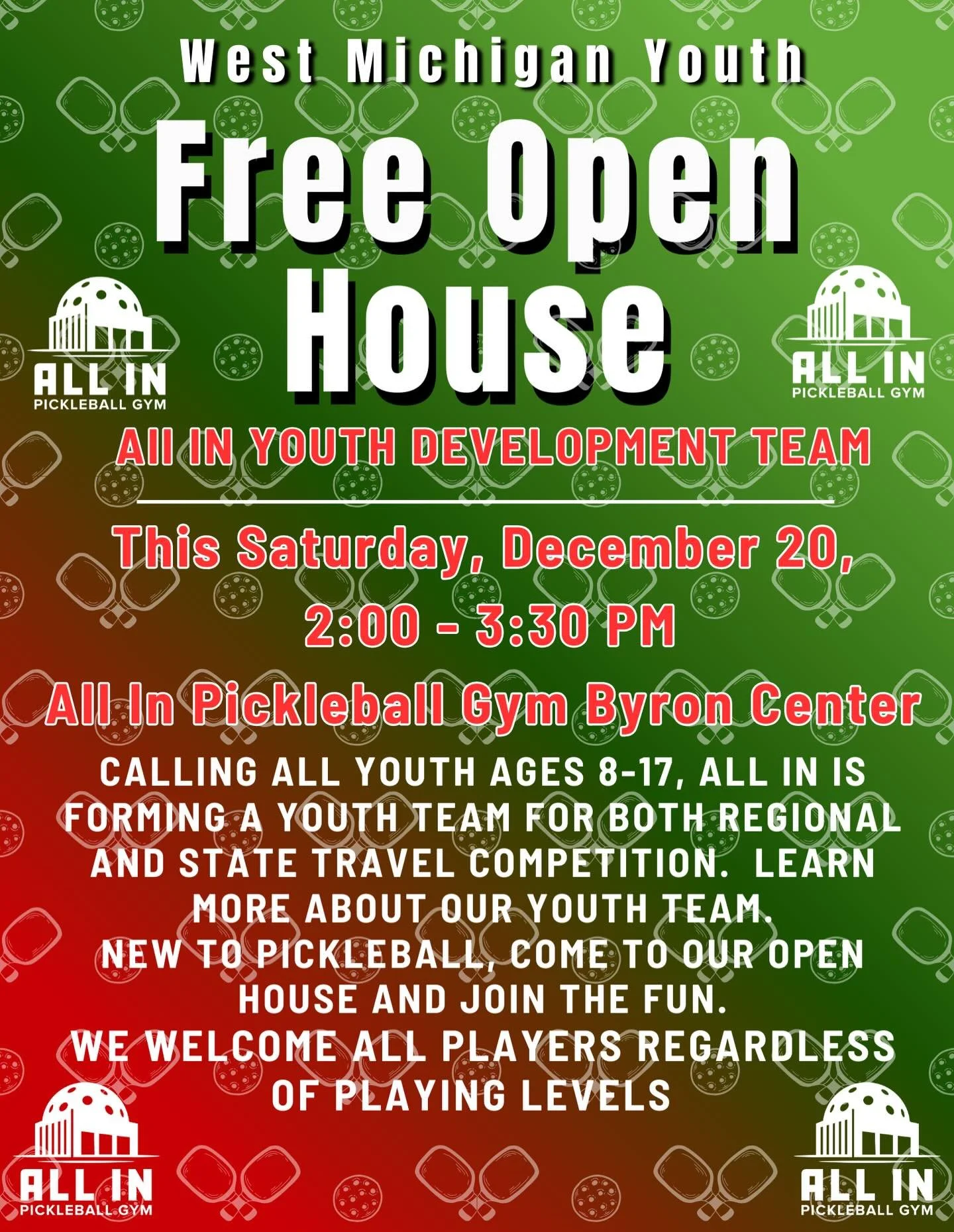 Hello kids and parents who love pickleball or are interested in learning more! Tomorrow, Saturday December 20th from 2pm - 3:30pm at All In Pickleball Gym Byron Center we will be hosting a free open house! No need to register! Just come stop by and l