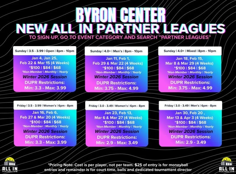 Happy New Year! Partner Leagues for Byron Center are here! Partner leagues for Cedar Rock and MILP events are coming soon too! Sign up today by going to Events -> Categories -> Partner Leagues! @grpickleball