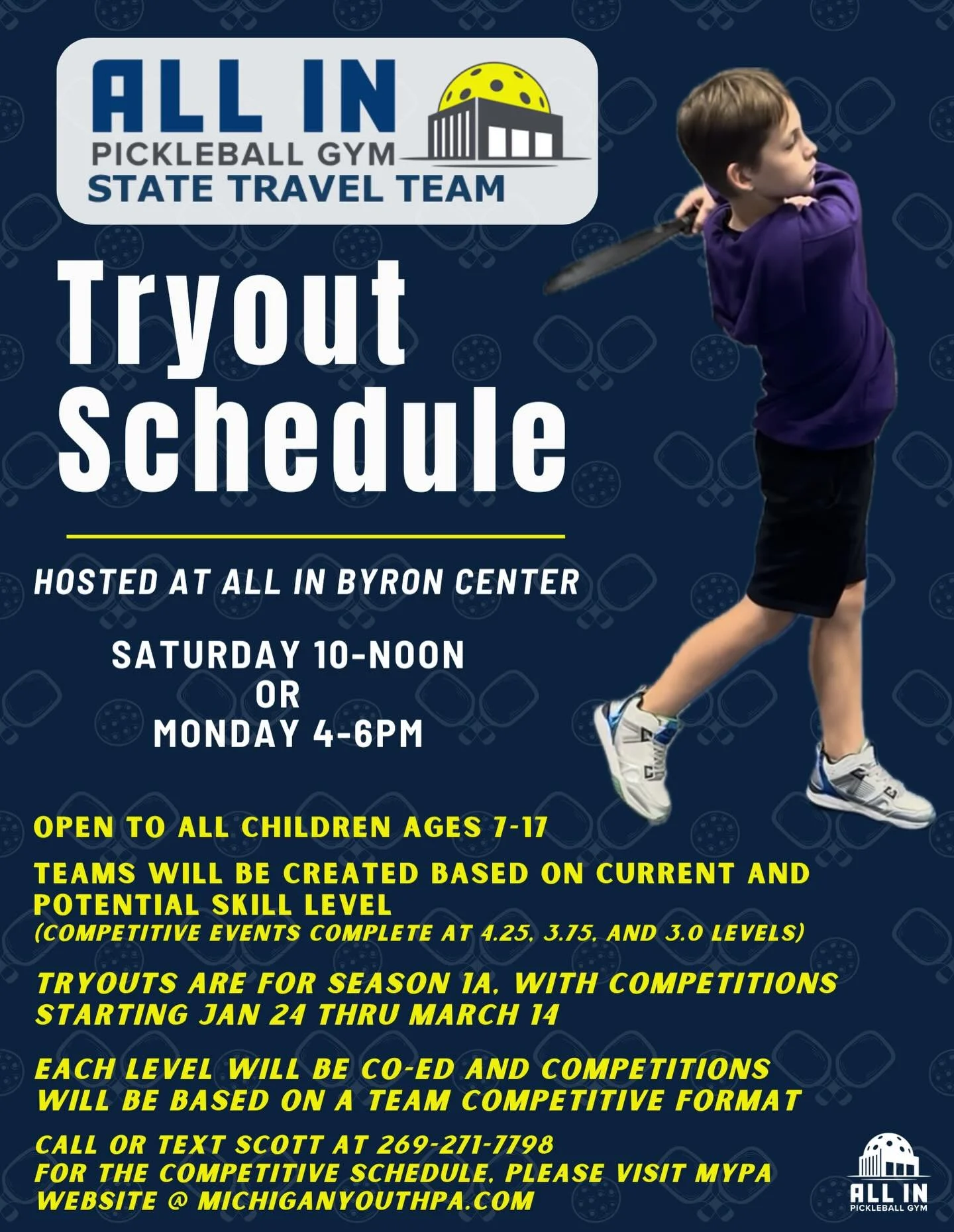 Tryouts for the All In Pickleball Gym Youth Travel team are tomorrow Saturday, January 3rd from 10am - 12pm and Monday January 5th from 4-6pm at Byron Center! Sign up today by going to Events -> Training in CourtReserve or text 616-617-5492 for su