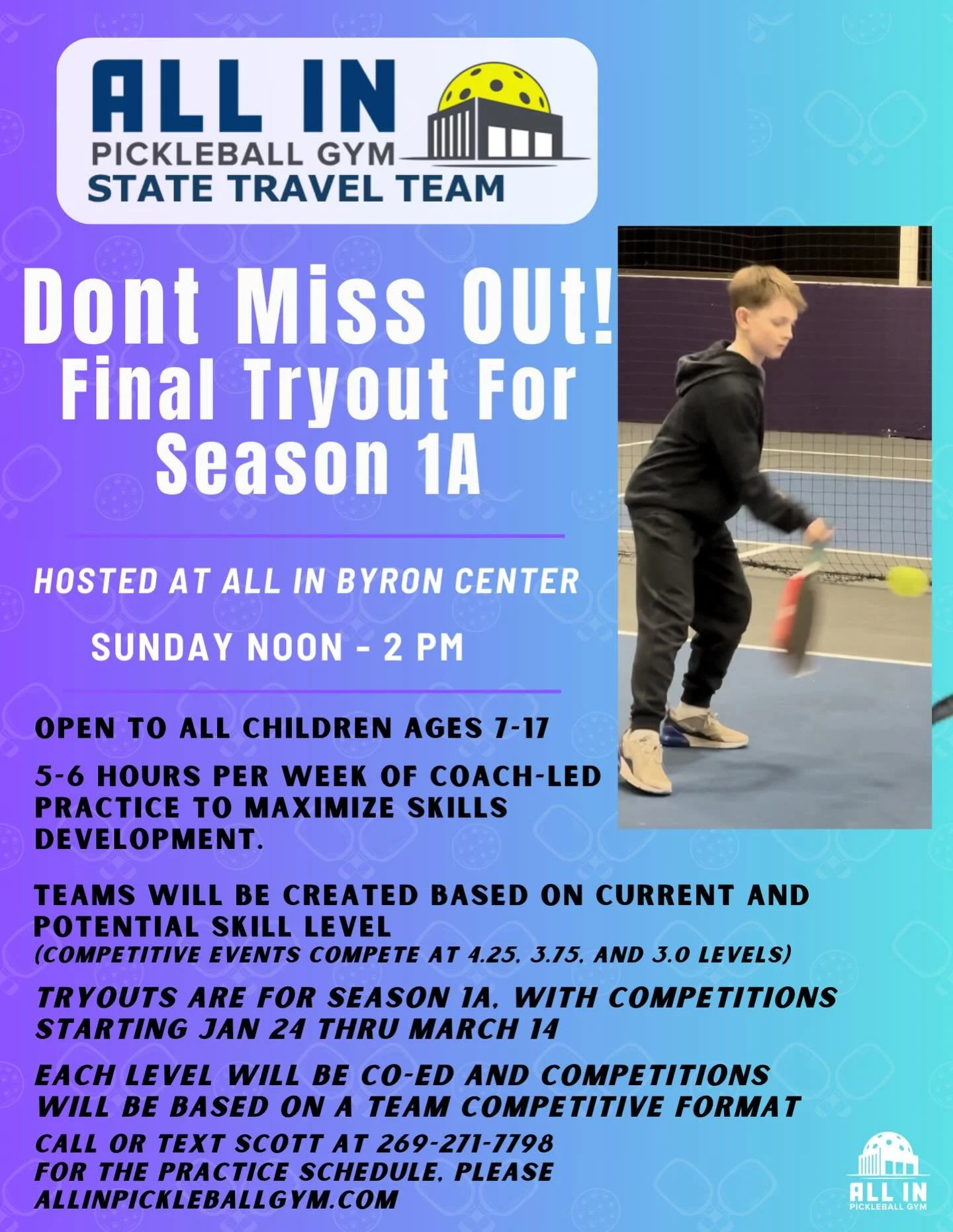This Sunday is our 3rd tryout event for the Michigan Youth Pickleball Association Season 1A with the All In Pickleball Gym Youth Pickleball Team! You can sign up by going to CourtReserve, clicking &ldquo;Events&rdquo; then &ldquo;Training&rdquo; then