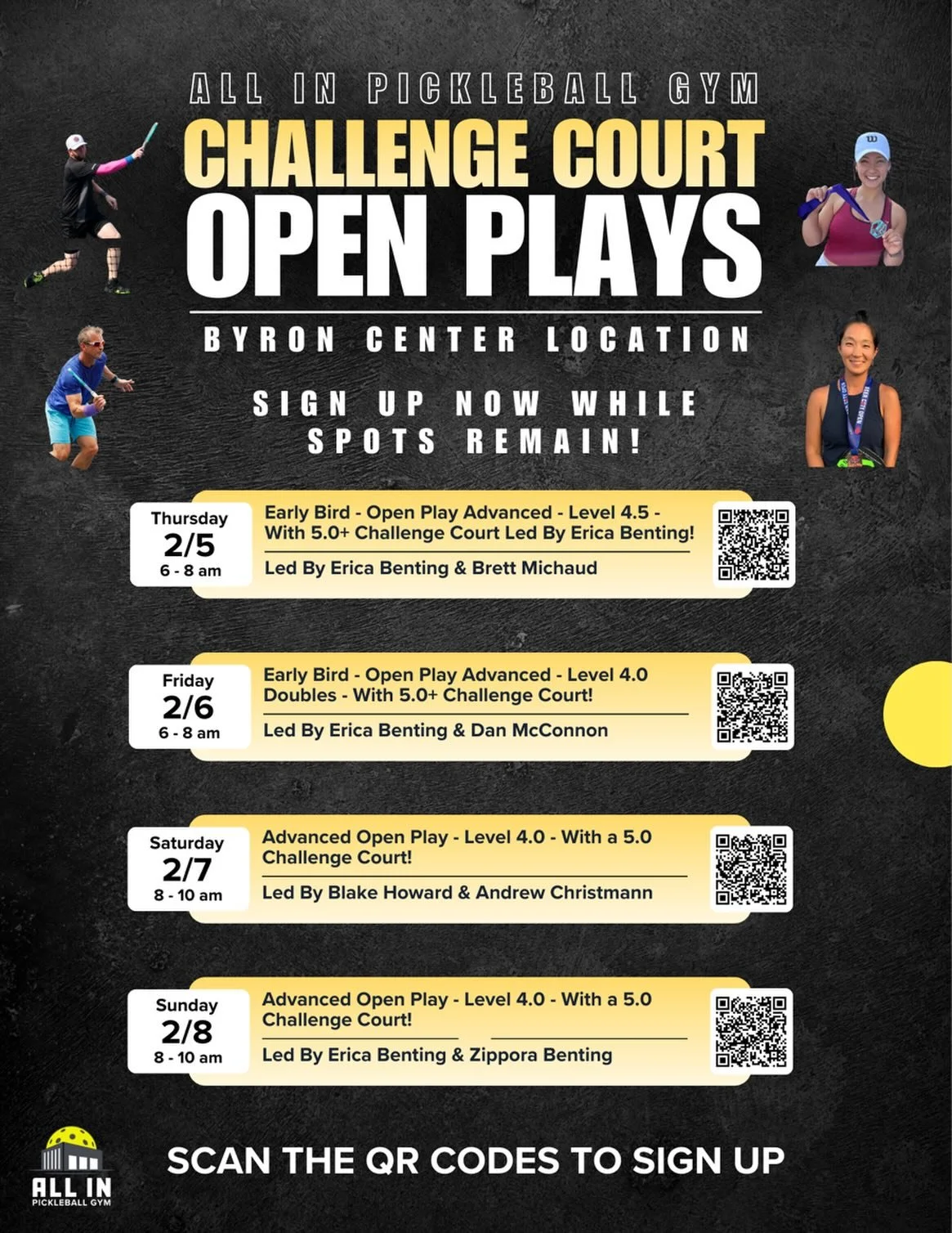 Did you know that All In Pickleball Gym does Challenge Court open plays?!?  We currently have Two 4.0 Doubles Level and Two 4.5 Doubles Level options at Byron Center with opportunities at different levels coming to Byron Center and events coming to C