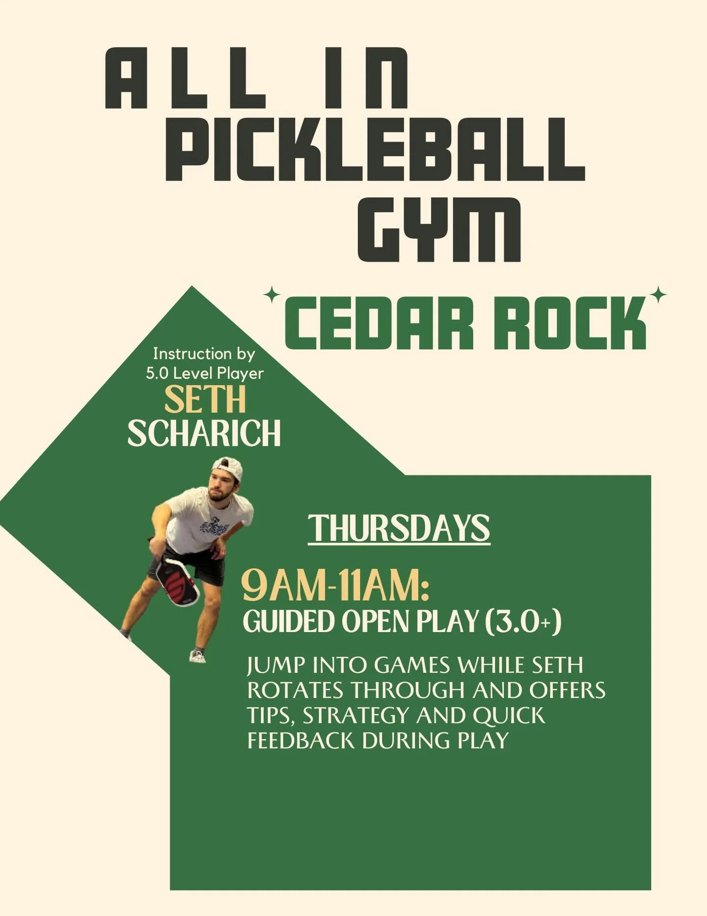 Looking to improve your game while getting great reps in?

Join us at Cedar Rock for Guided Open Play and Drill Sessions led by 5.0 level player Seth Scharich.

Thursdays
&bull; 9&ndash;11 AM: Guided Open Play (3.0+) &ndash; Jump into games while Set